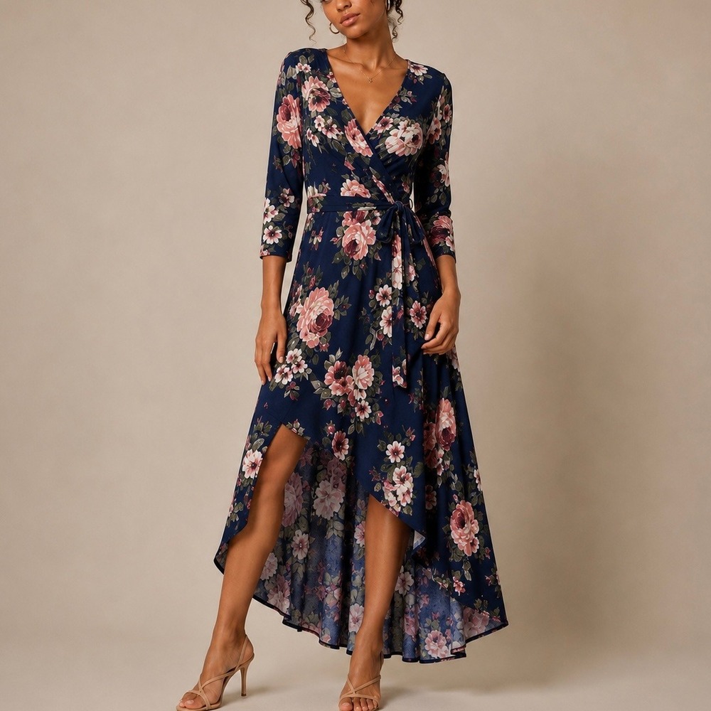 Orange Creek Navy Floral High Low Faux Wrap Maxi Dress S Romantic Flowy